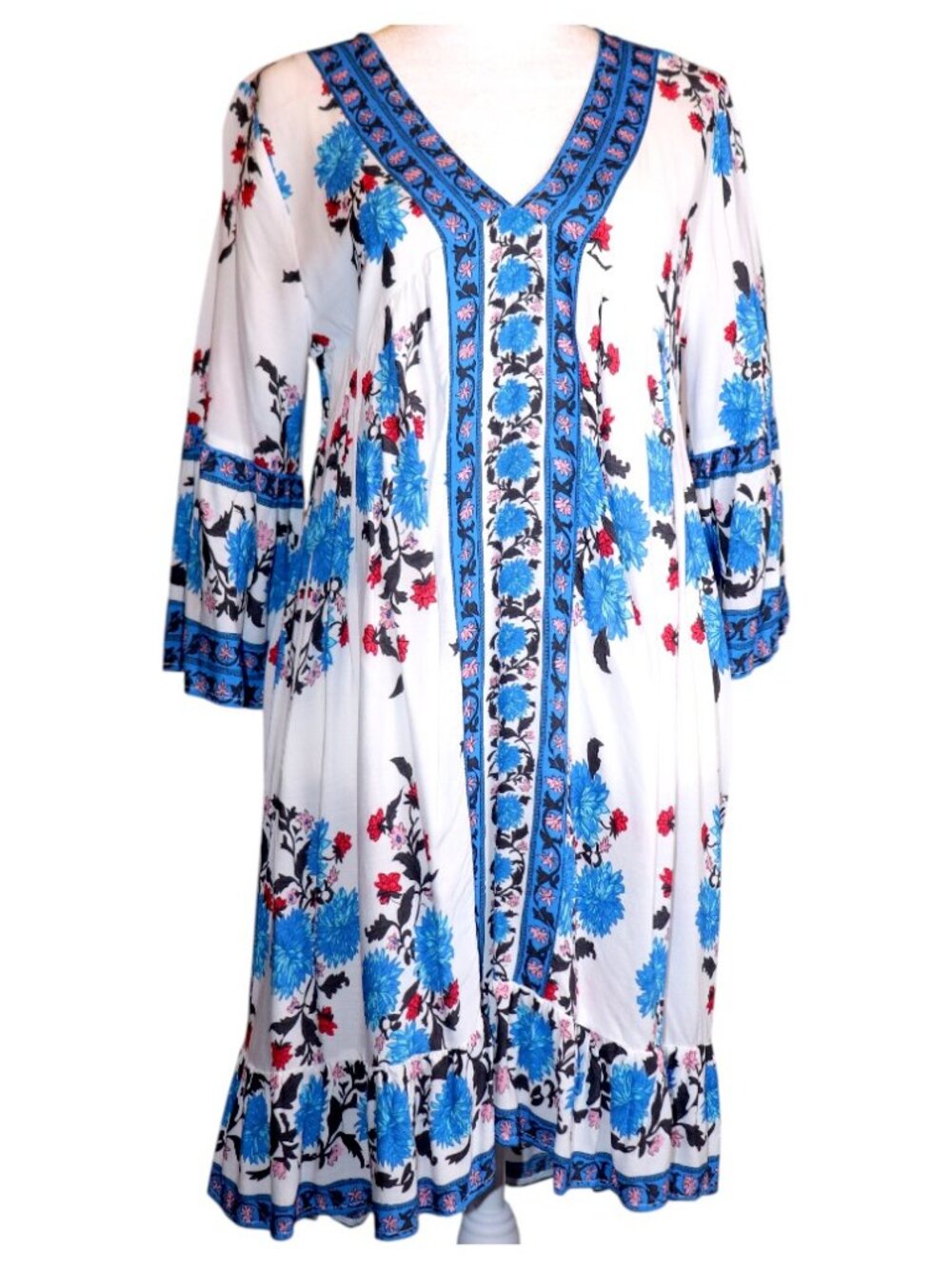 Kate C. White Floral Print V-Neck 3/4 Sleeve Hi-Low Tunic Dress Size M GUC - Picture 2 of 9
